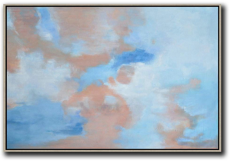 Large Modern Abstract Painting,Horizontal Abstract Landscape Oil Painting On Canvas,Modern Canvas Art Blue,Pink,White